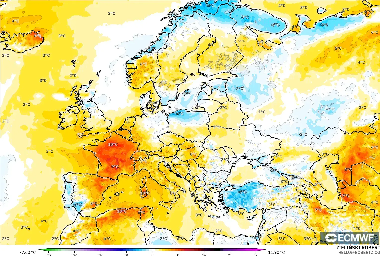ECMWF IFS 0.25° model - Europe, Temperature at 2m Anomaly