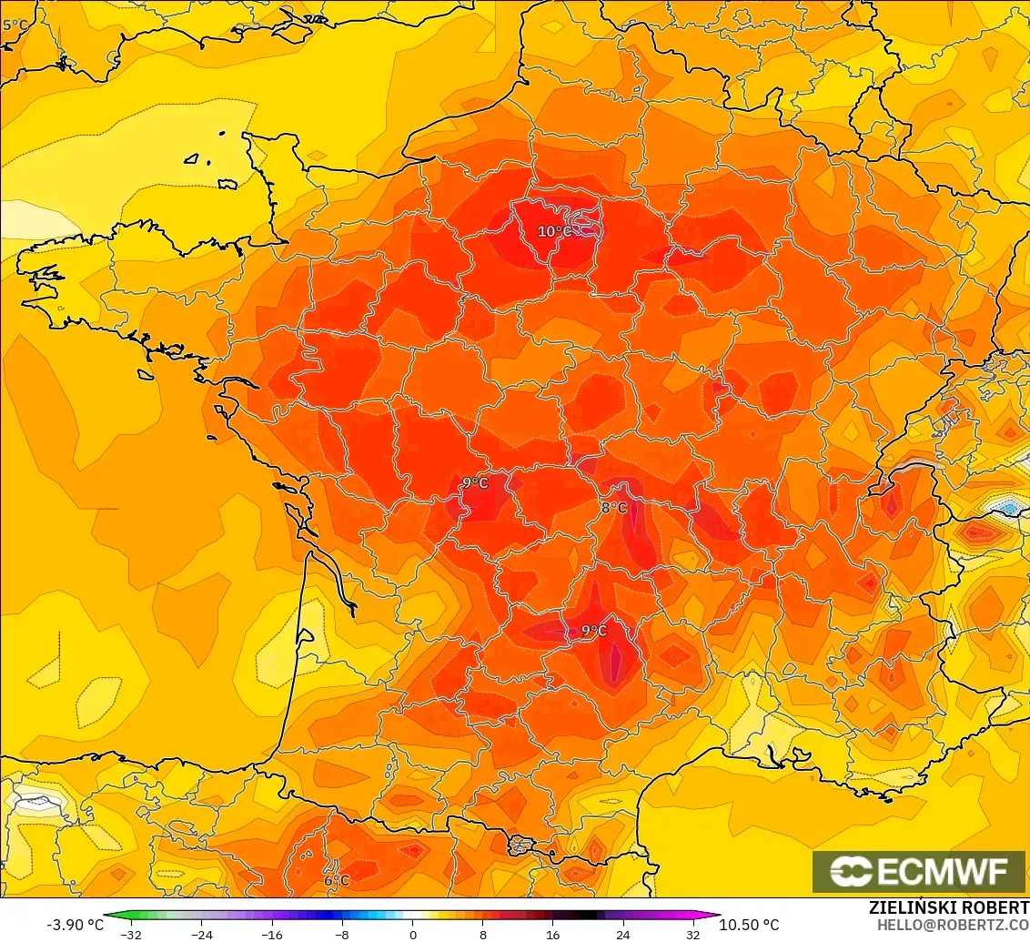 ECMWF IFS 0.25° model - France, Temperature at 2m Anomaly