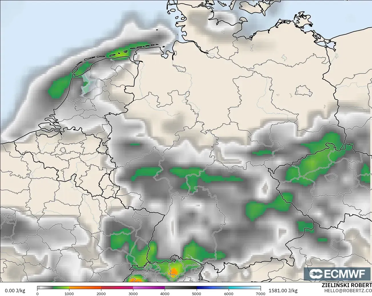 ECMWF IFS 0.25° model - Germany, CAPE