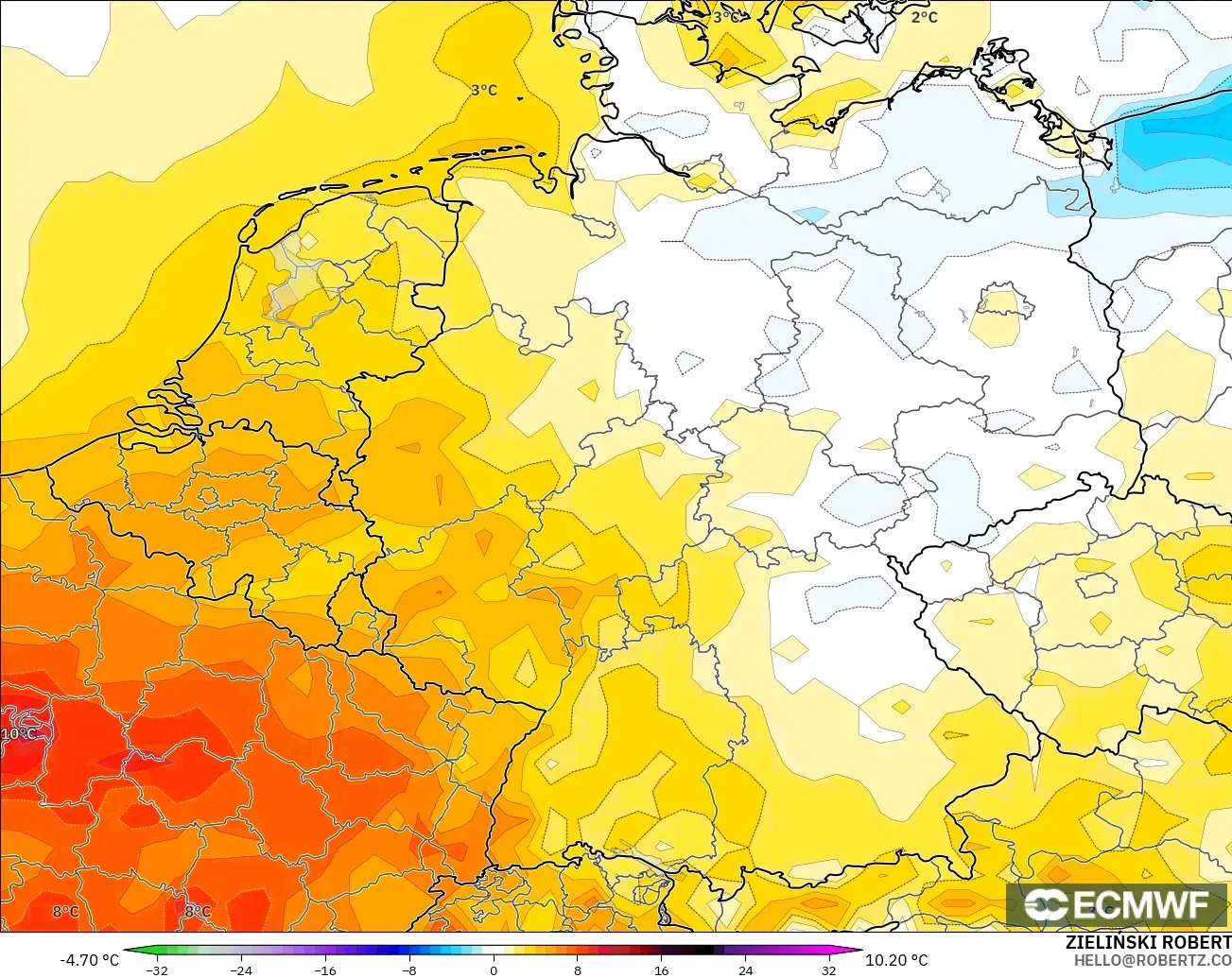 ECMWF IFS 0.25° model - Germany, Temperature at 2m Anomaly