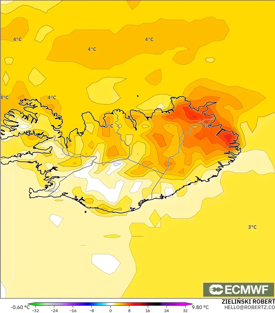 ECMWF IFS 0.25° model - Iceland, Temperature at 2m Anomaly
