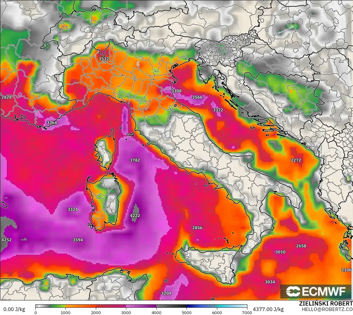 ECMWF IFS 0.25° model - Italy, CAPE