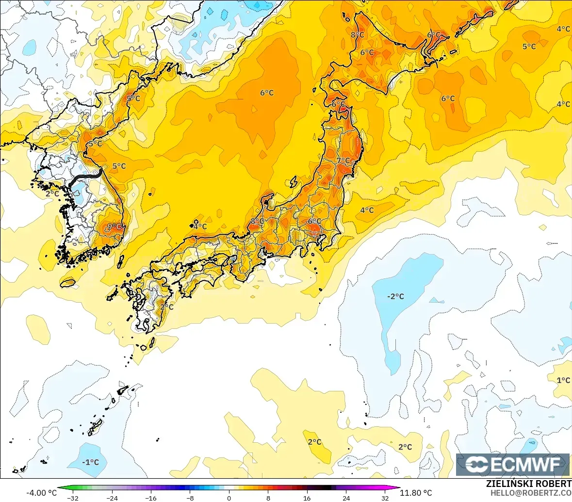 ECMWF IFS 0.25° model - Japan, Temperature at 2m Anomaly