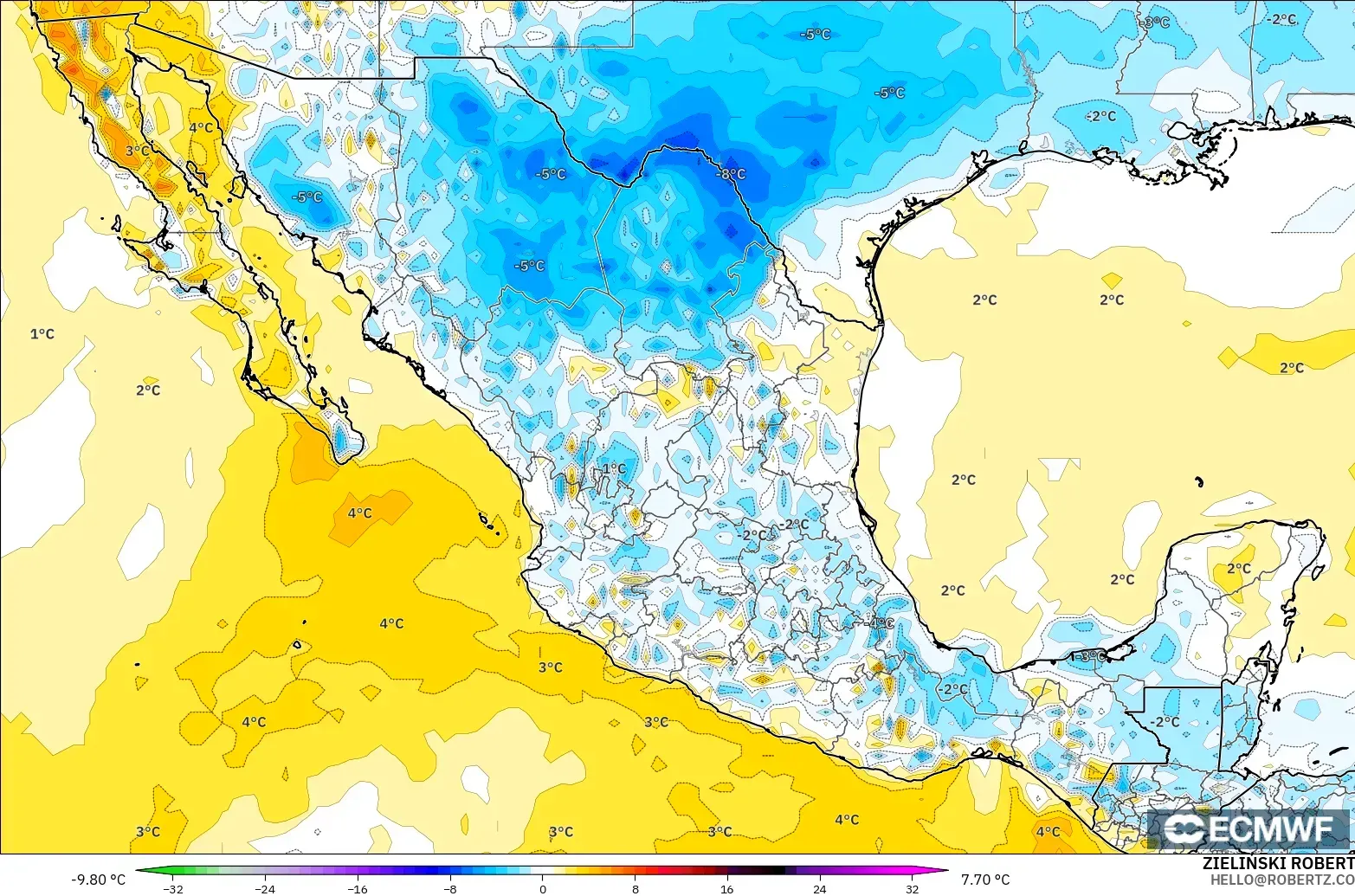 ECMWF IFS 0.25° model - Mexico, Temperature at 2m Anomaly