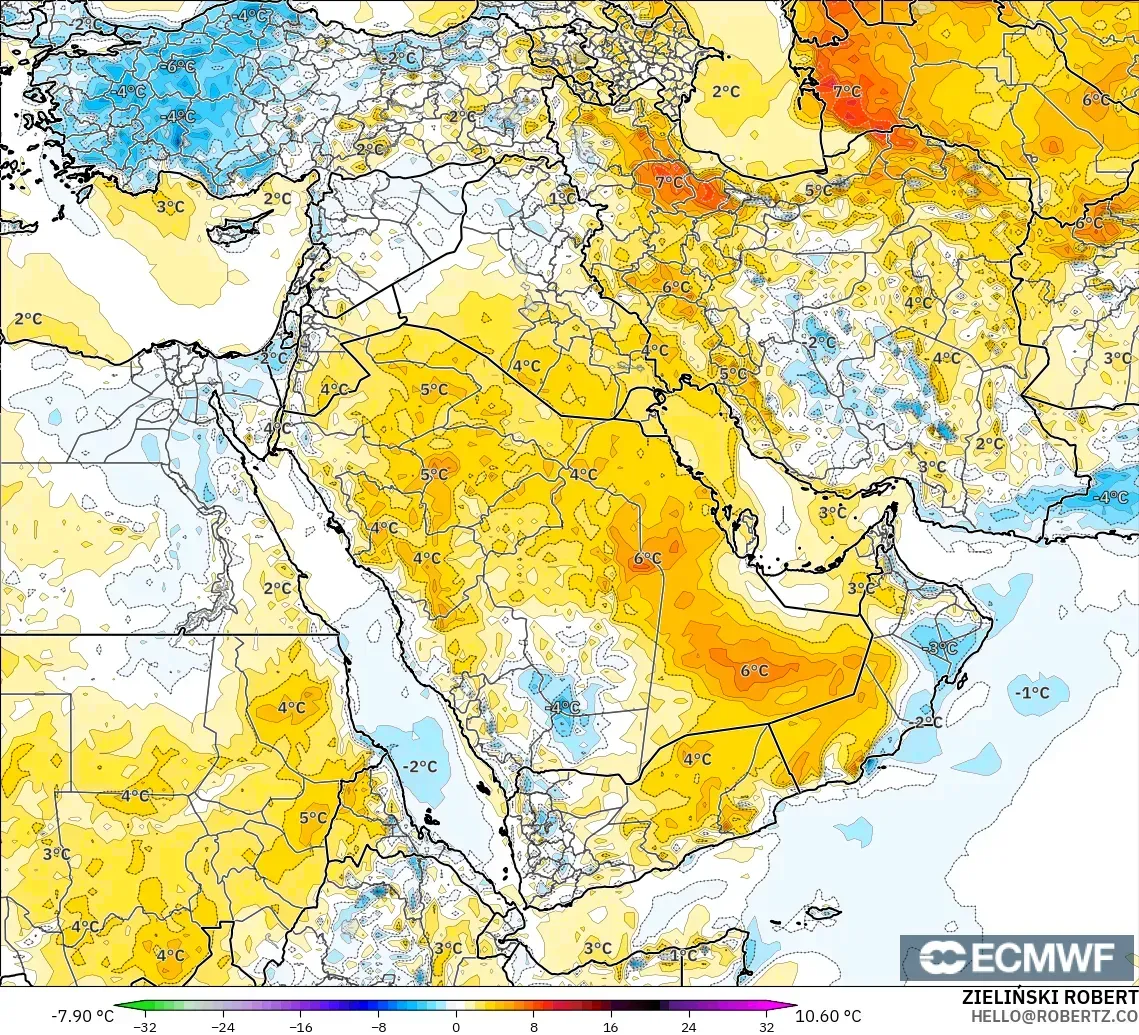 ECMWF IFS 0.25° model - Middle East, Temperature at 2m Anomaly