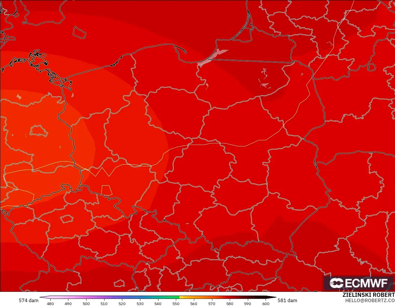 ECMWF IFS 0.25° model - Poland, Geopotential height at 500hPa