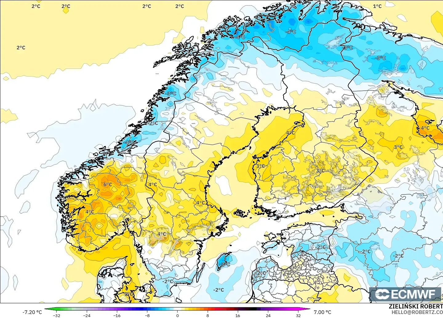 ECMWF IFS 0.25° model - Scandinavia, Temperature at 2m Anomaly