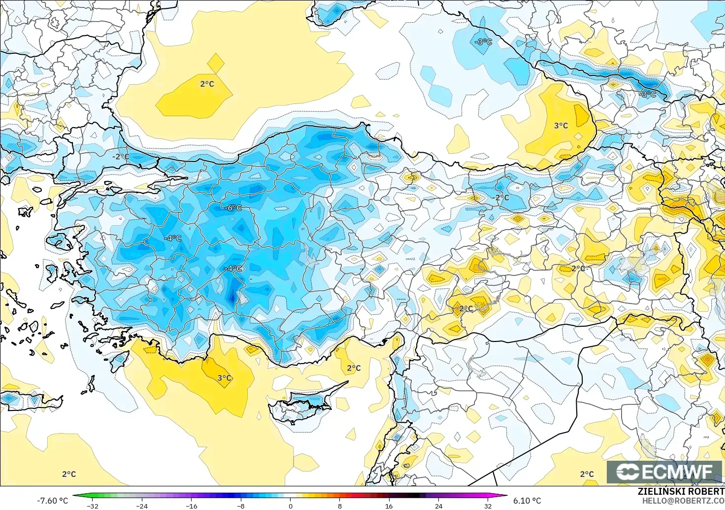 ECMWF IFS 0.25° model - Turkey, Temperature at 2m Anomaly