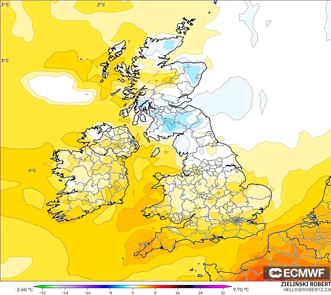 ECMWF IFS 0.25° model - United Kingdom, Temperature at 2m Anomaly
