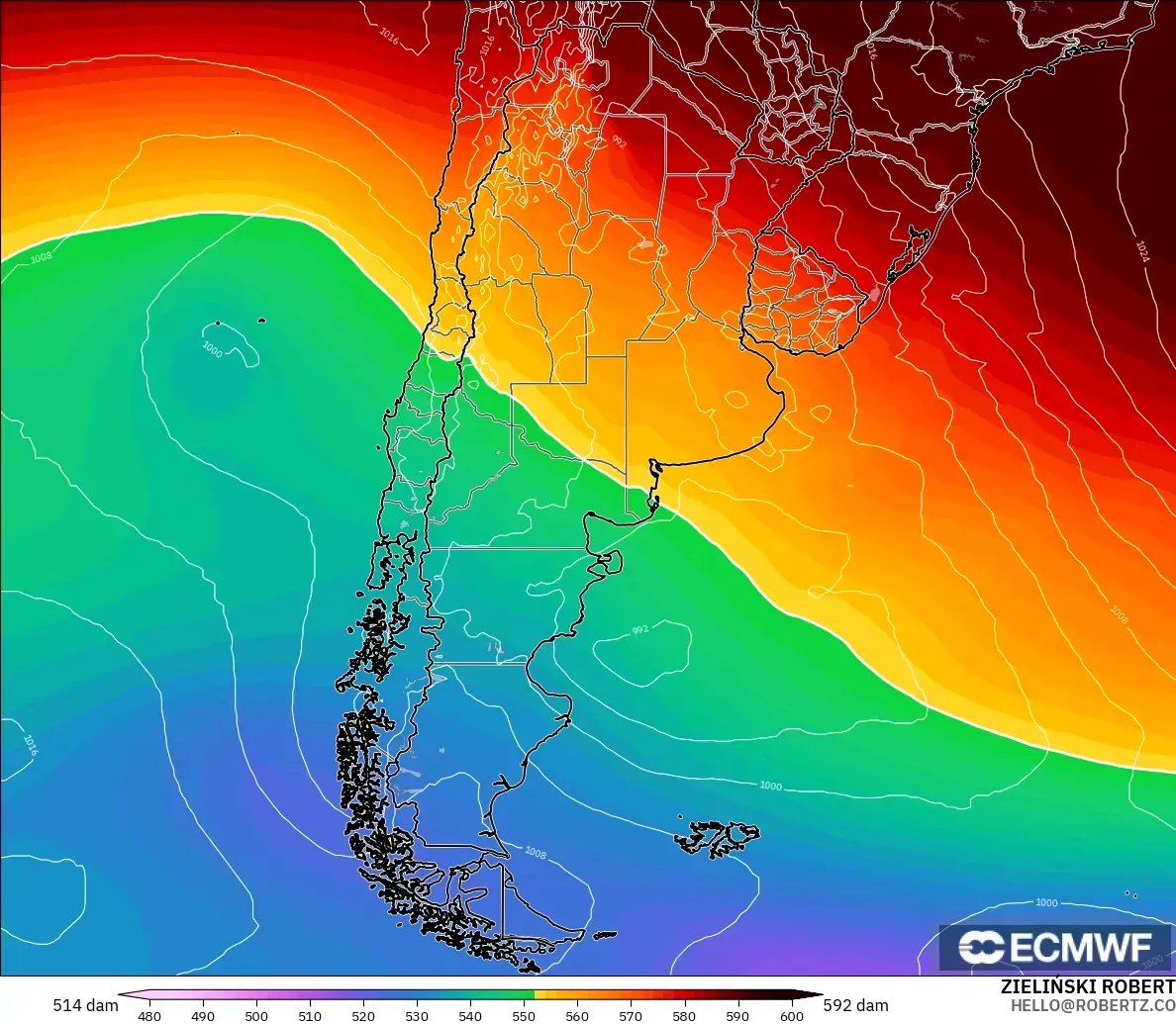ECMWF IFS 0.25° model - Argentina, Geopotential height at 500hPa