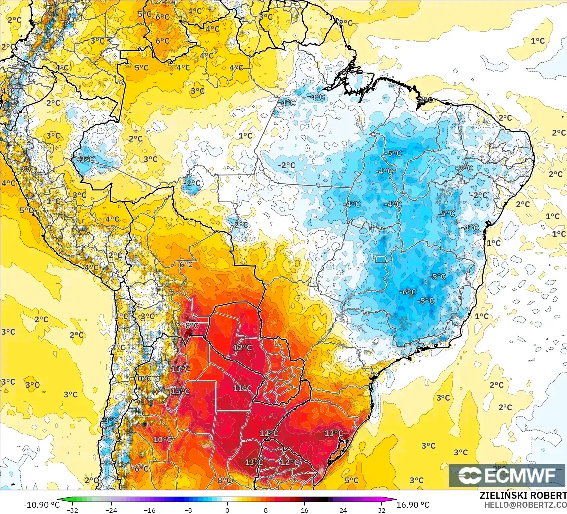 ECMWF IFS 0.25° model - Brazil, Temperature at 2m Anomaly