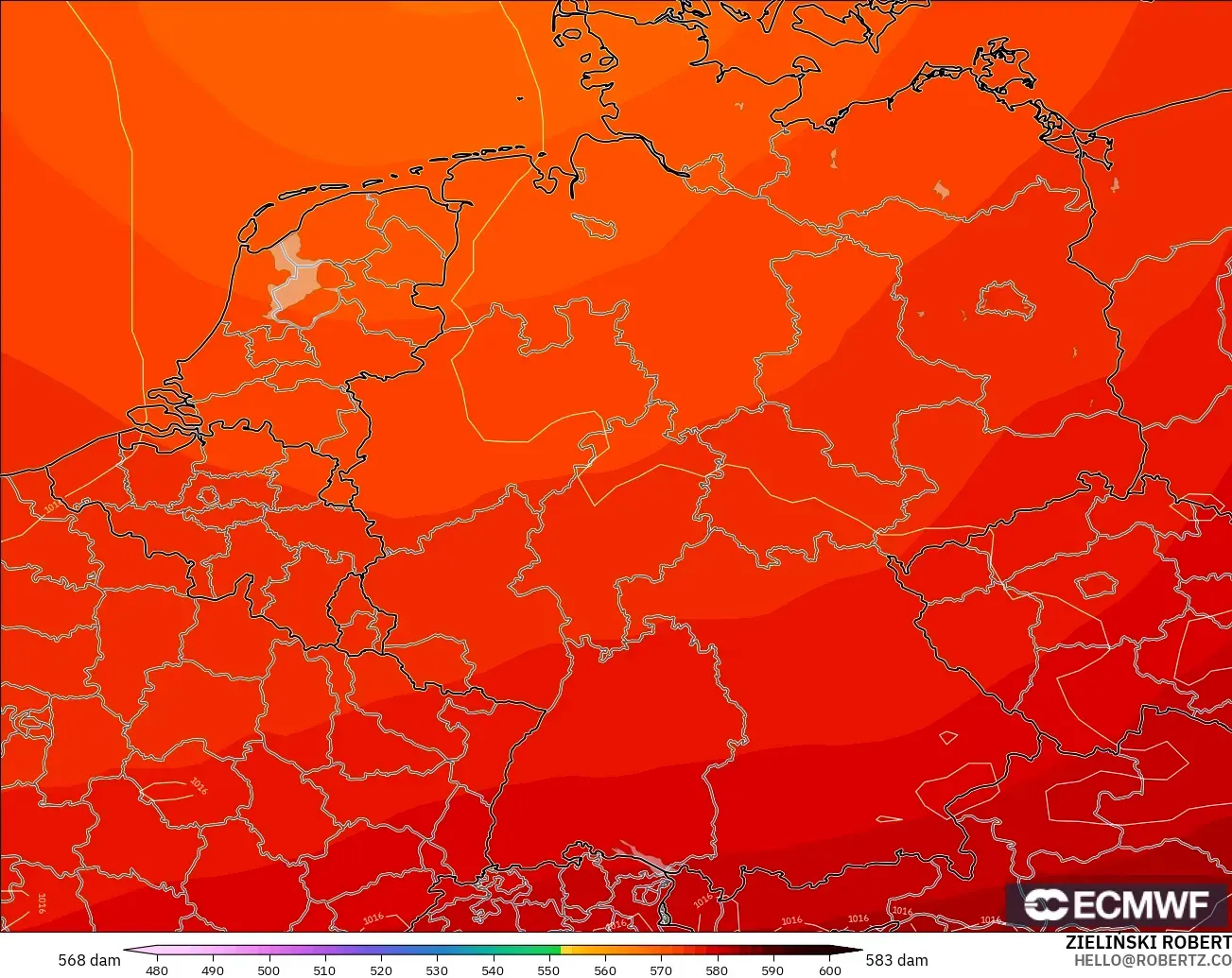 ECMWF IFS 0.25° model - Germany, Geopotential height at 500hPa
