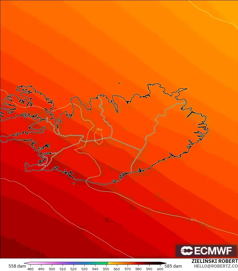 ECMWF IFS 0.25° model - Iceland, Geopotential height at 500hPa