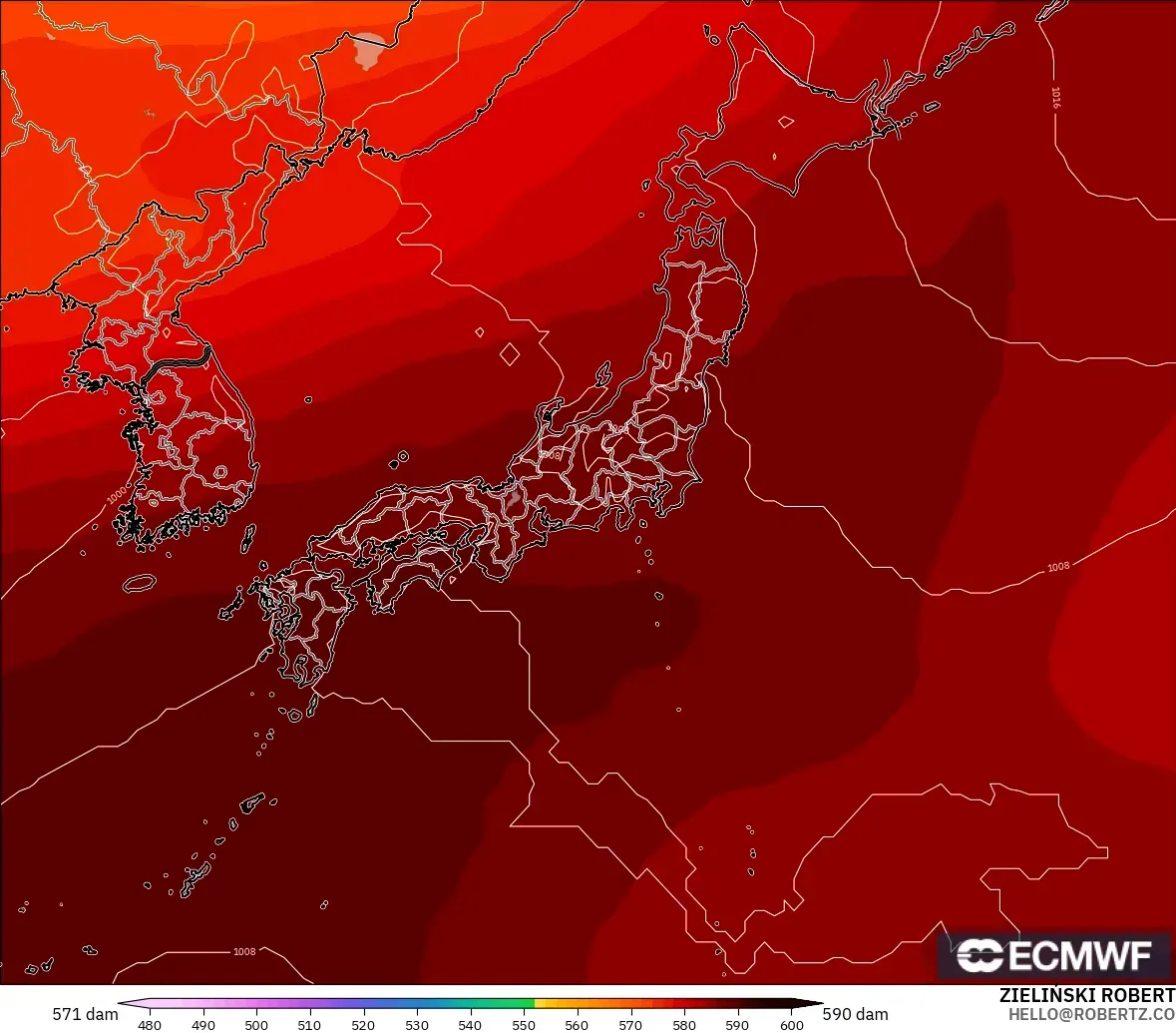 ECMWF IFS 0.25° model - Japan, Geopotential height at 500hPa