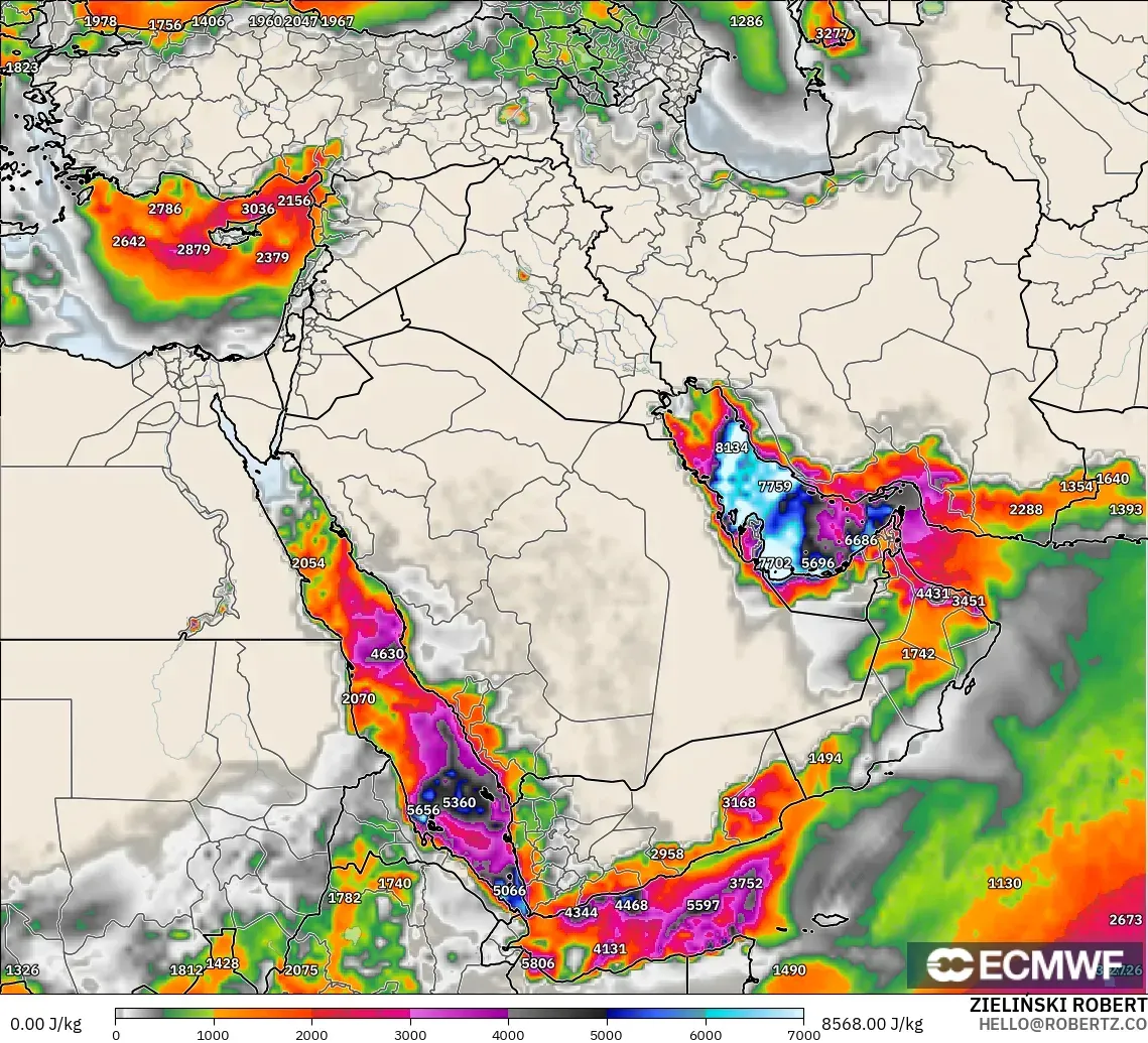 ECMWF IFS 0.25° model - Middle East, CAPE