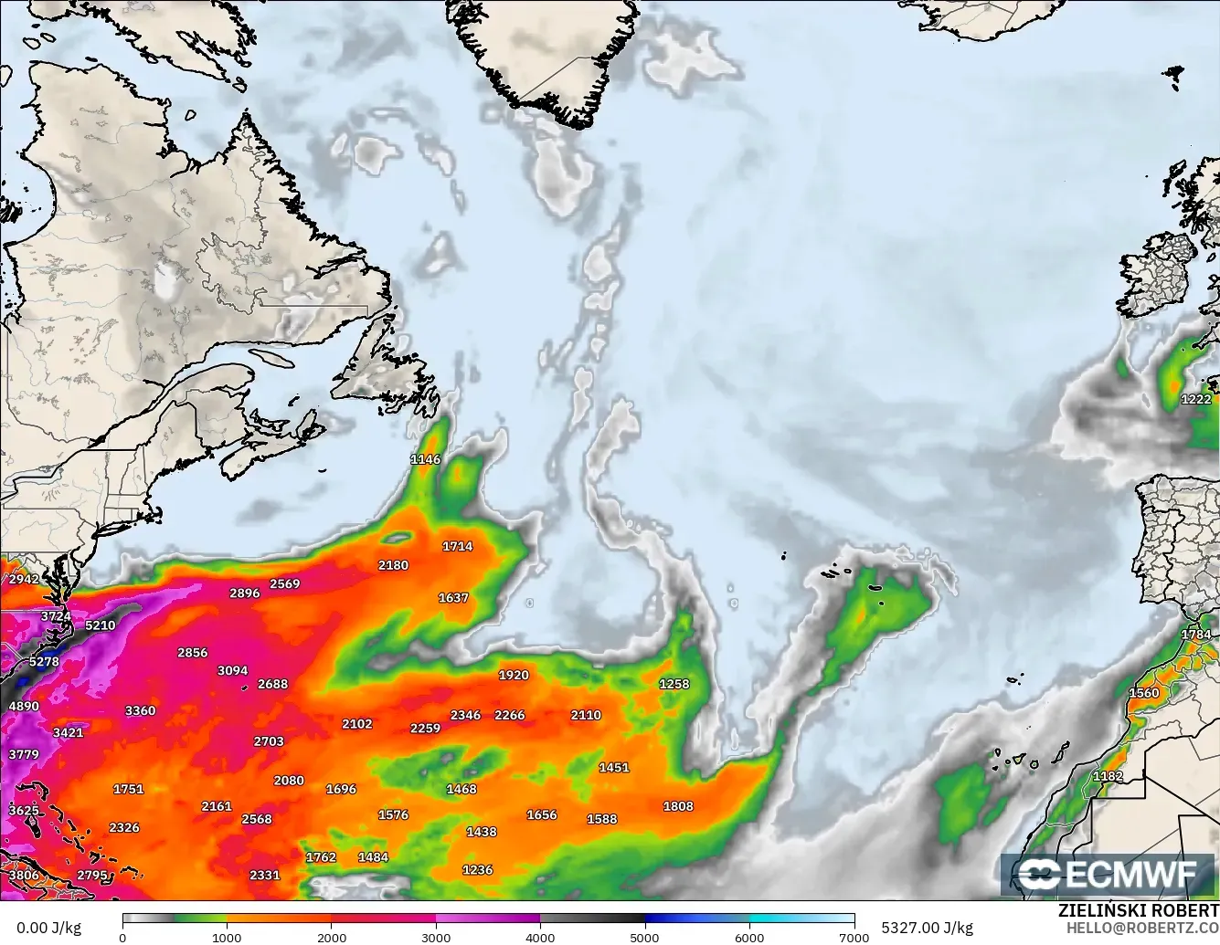ECMWF IFS 0.25° model - North Atlantic, CAPE