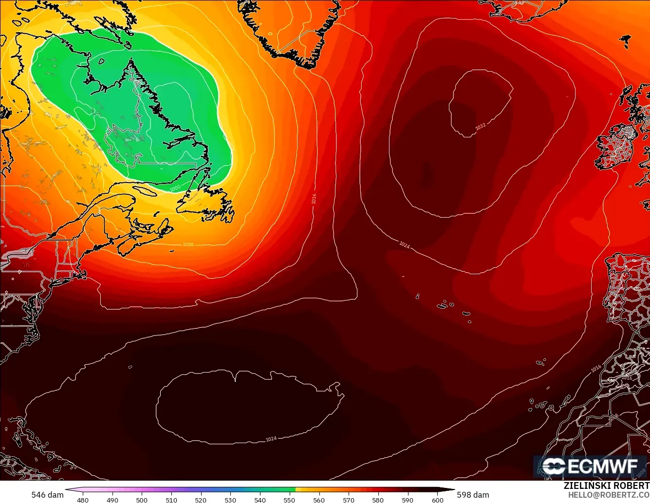ECMWF IFS 0.25° model - North Atlantic, Geopotential height at 500hPa