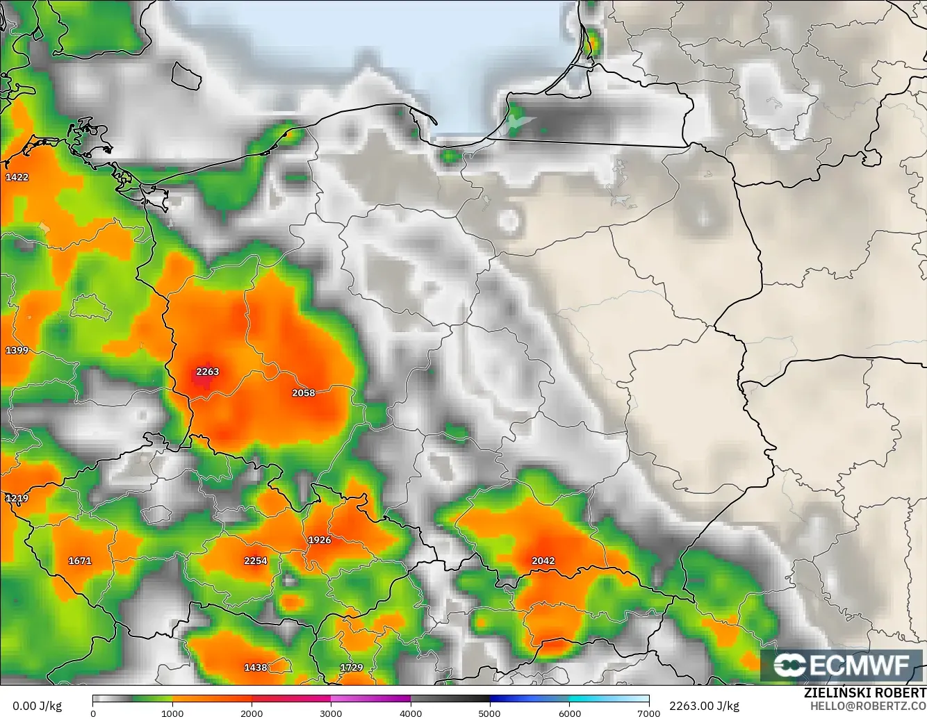 ECMWF IFS 0.25° model - Poland, CAPE