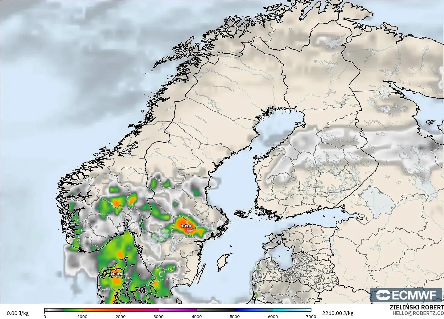 ECMWF IFS 0.25° model - Scandinavia, CAPE