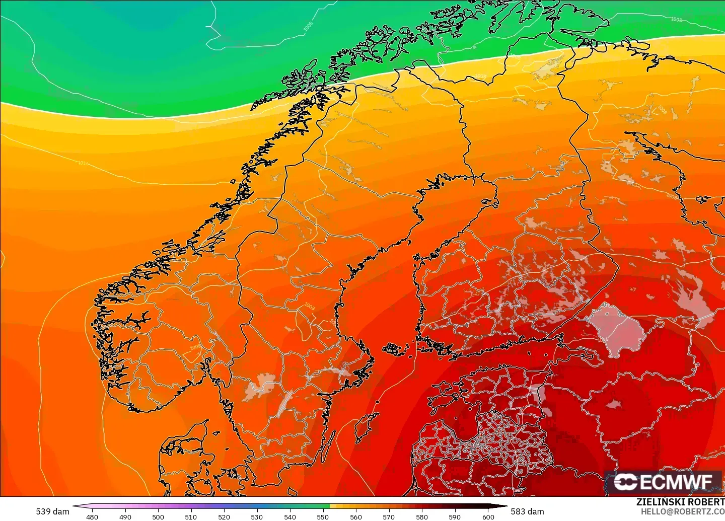 ECMWF IFS 0.25° model - Scandinavia, Geopotential height at 500hPa