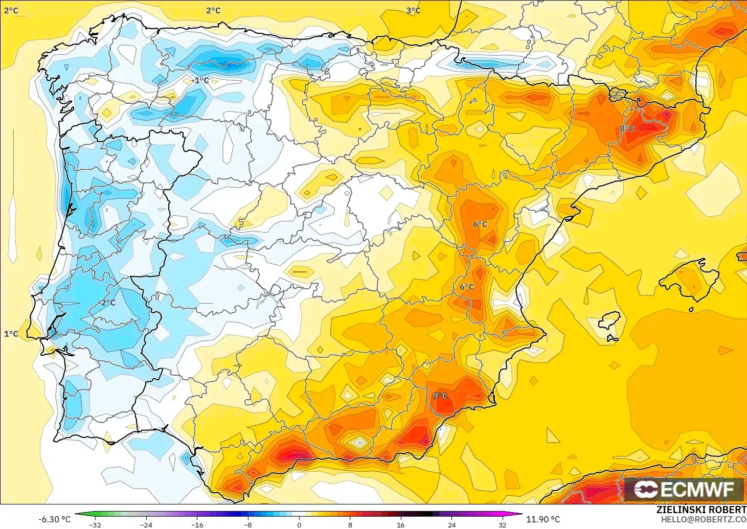 ECMWF IFS 0.25° model - Spain, Temperature at 2m Anomaly