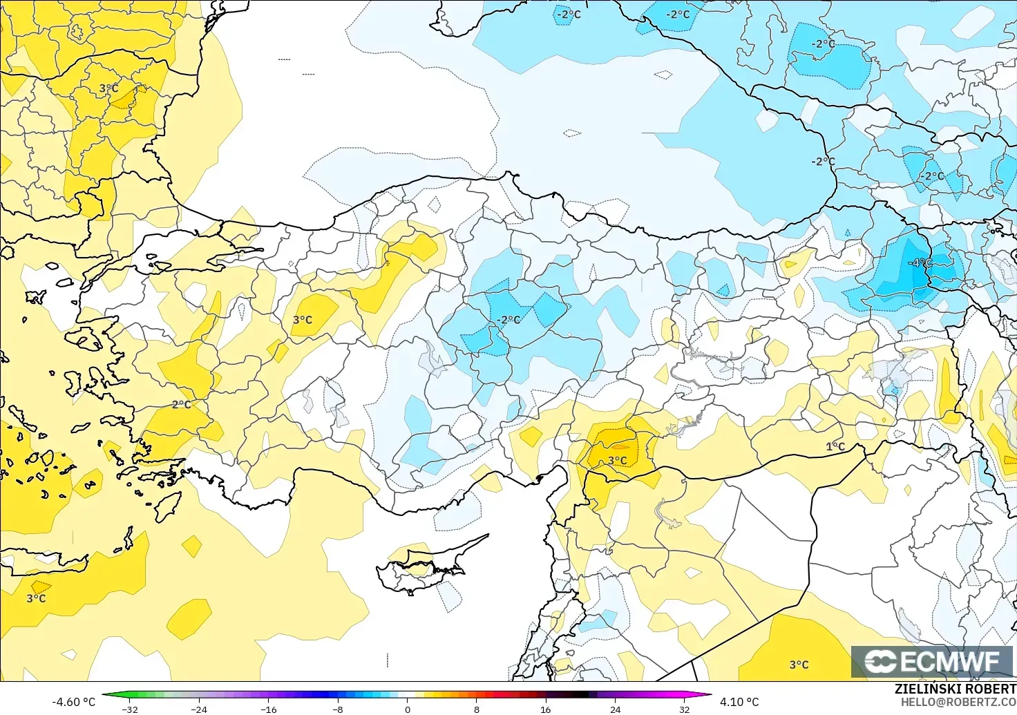 ECMWF IFS 0.25° model - Turkey, Temperature at 850hPa Anomaly