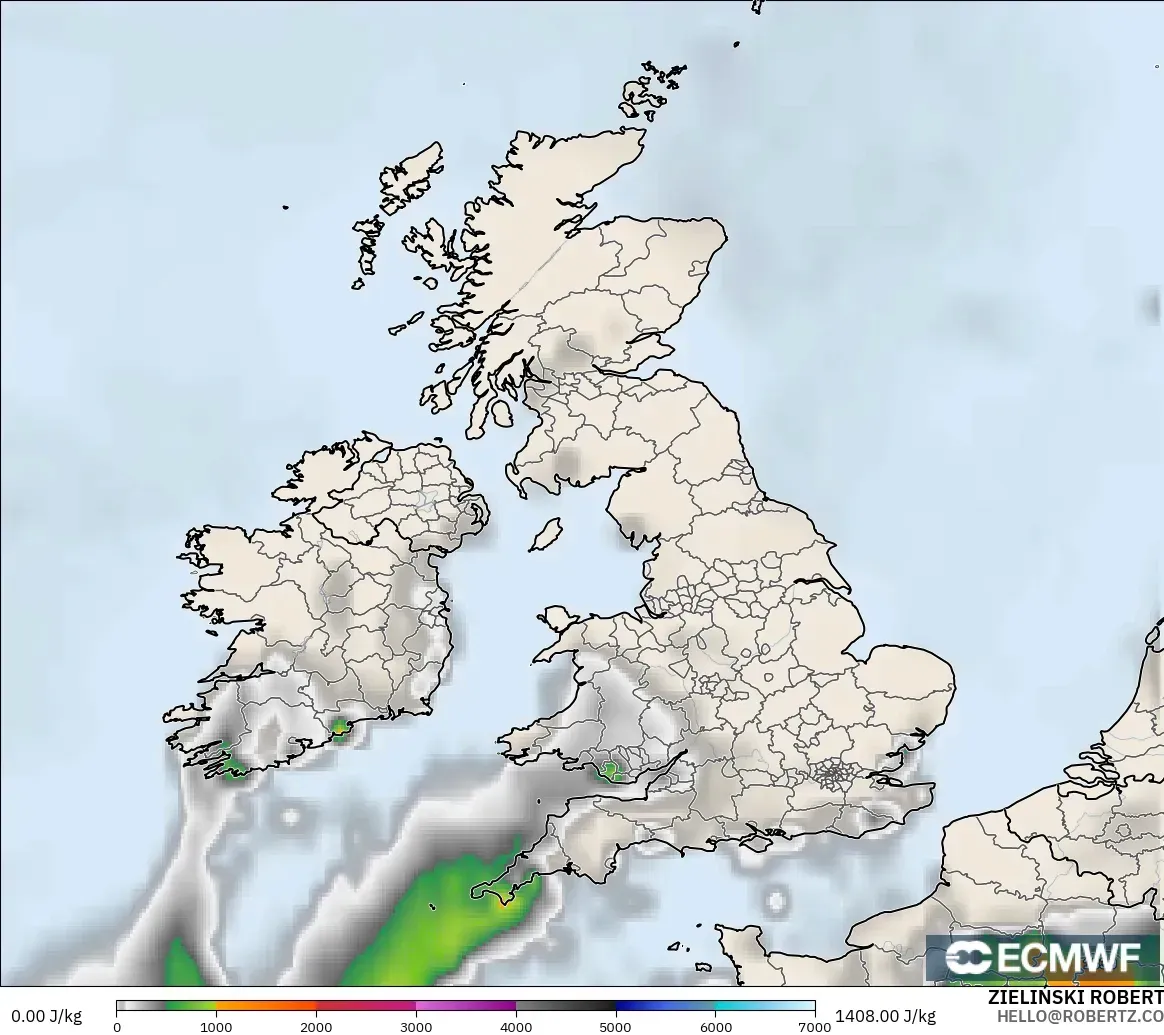 ECMWF IFS 0.25° model - United Kingdom, CAPE