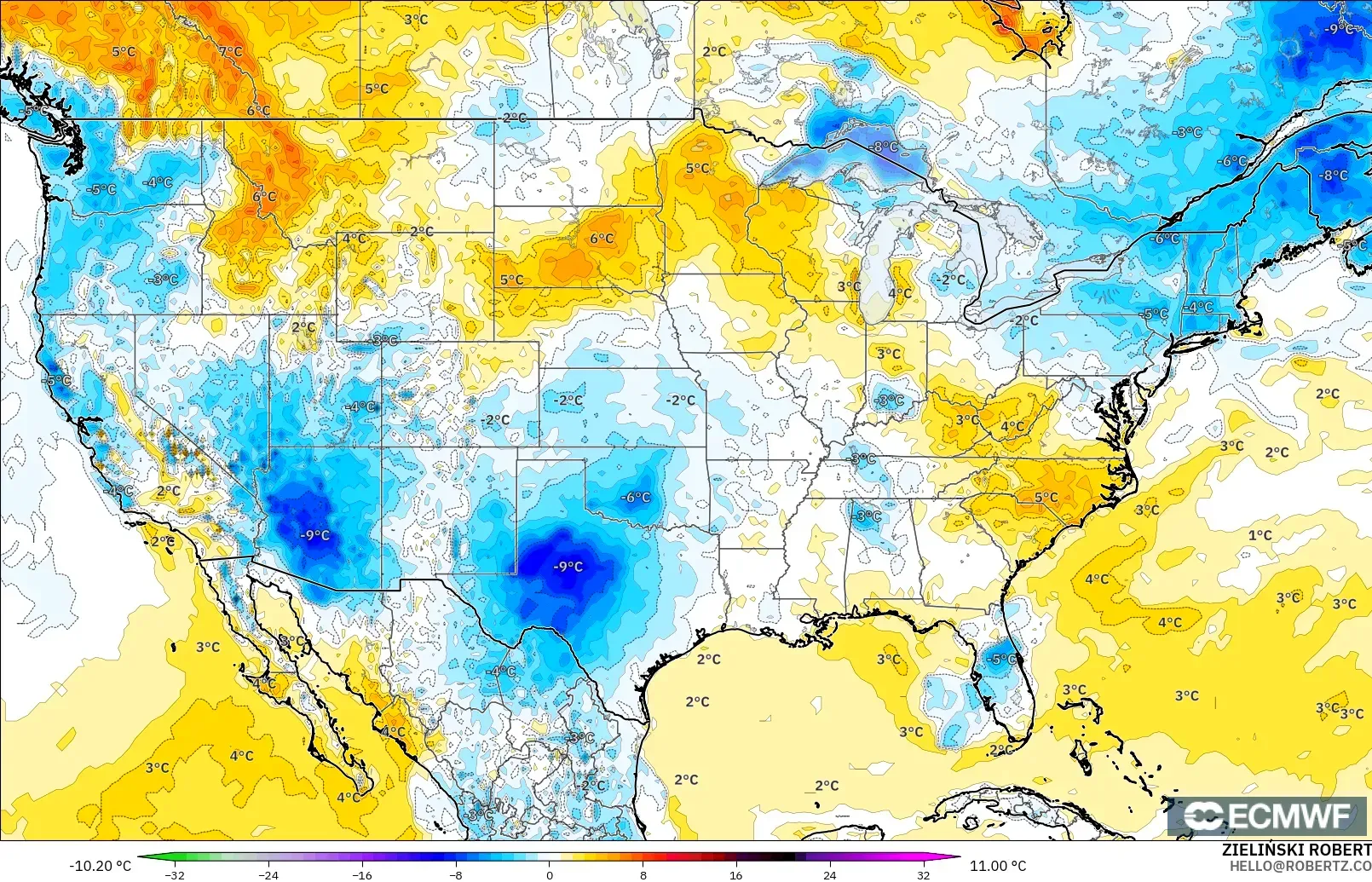 ECMWF IFS 0.25° model - United States, Temperature at 2m Anomaly