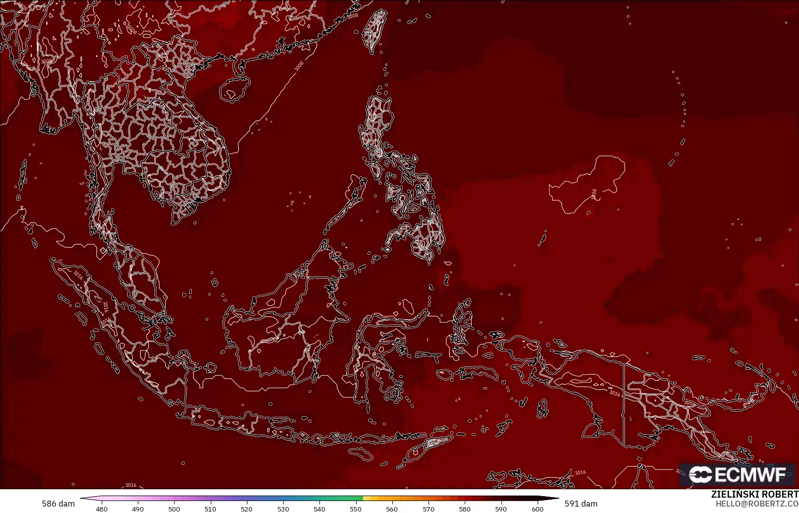 ECMWF IFS 0.25° model - South East Asia, Geopotential height at 500hPa