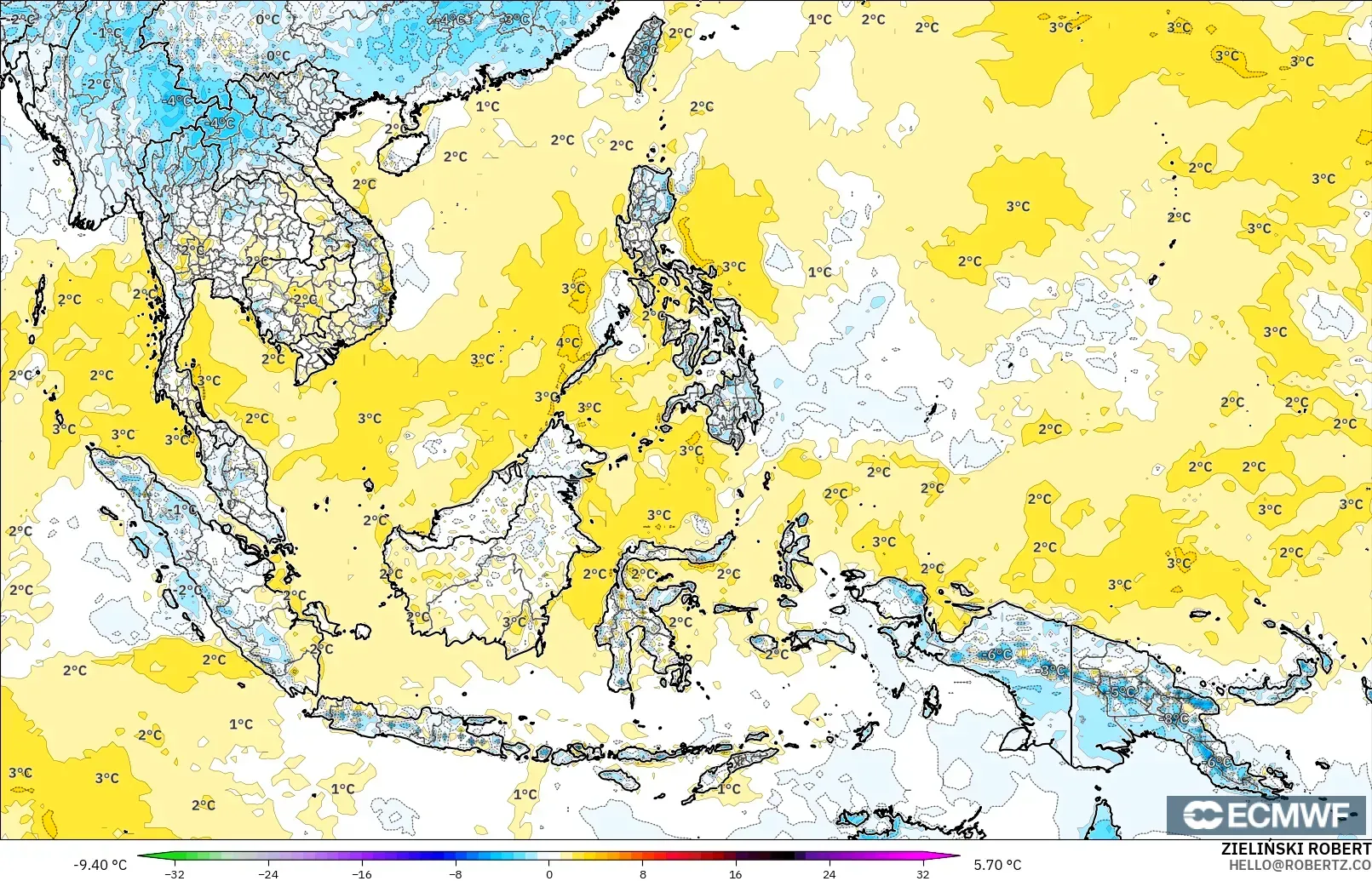 ECMWF IFS 0.25° model - South East Asia, Temperature at 2m Anomaly