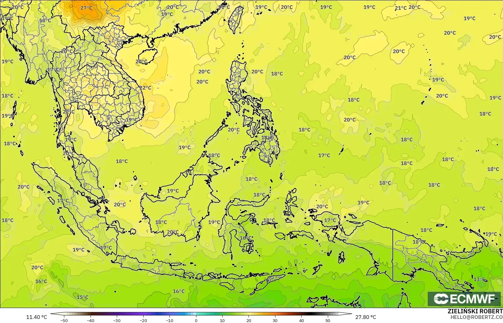 ECMWF IFS 0.25° model - South East Asia, Temperature at 850hPa