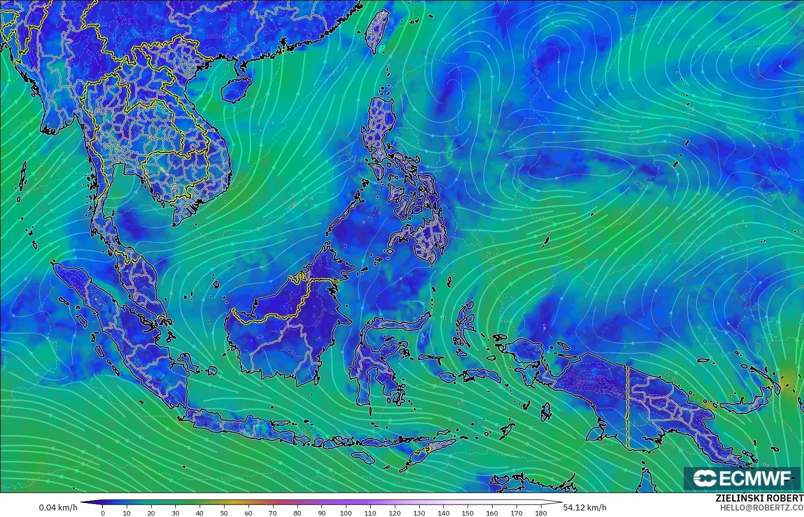 ECMWF IFS 0.25° model - South East Asia, Wind at 10m
