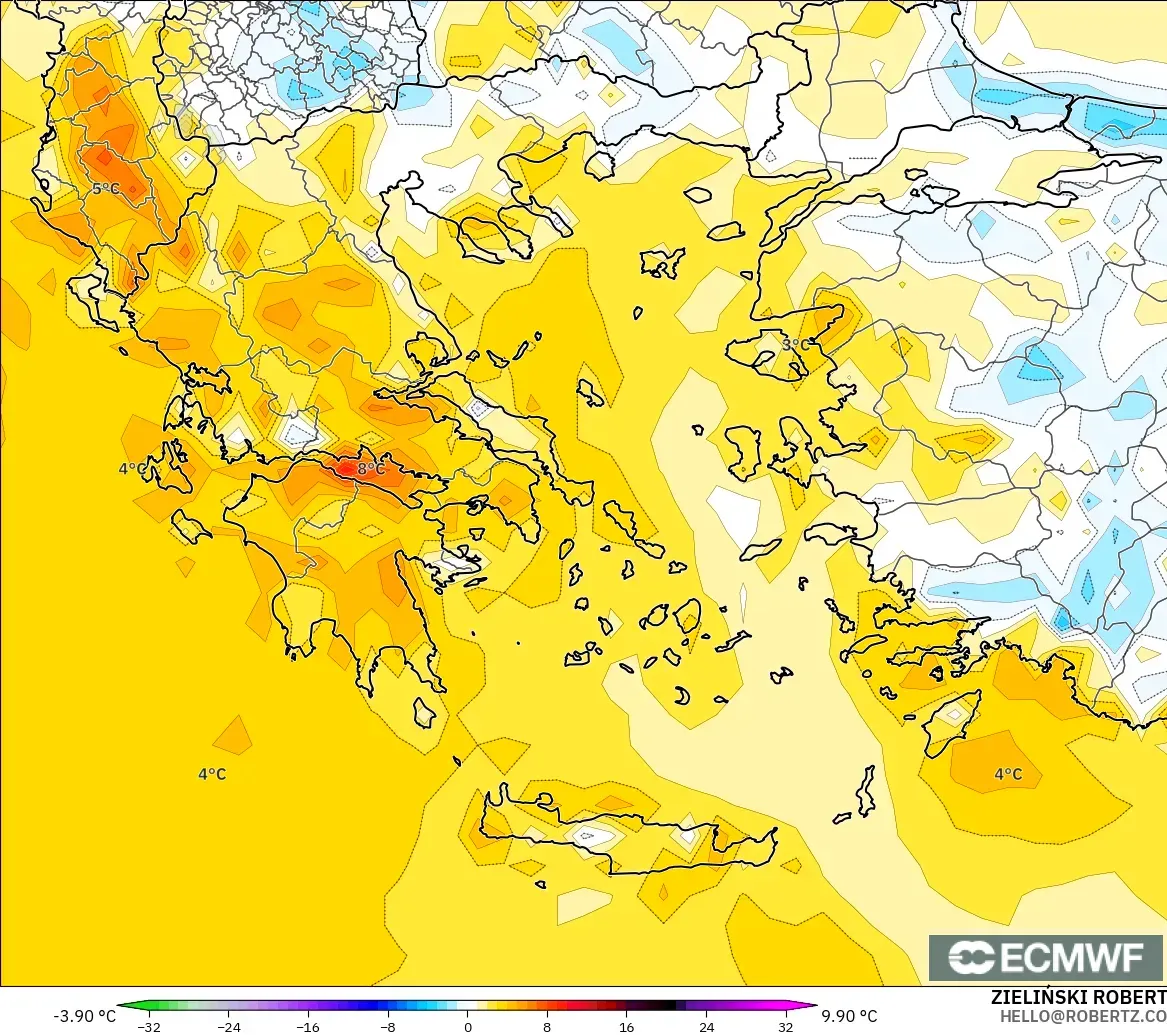 ECMWF IFS 0.25° model - Greece, Temperature at 2m Anomaly