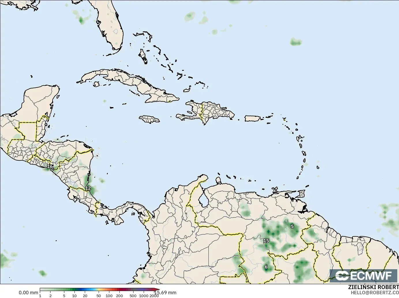 ECMWF IFS 0.25° model - Caribbean, Precipitation Accumulation