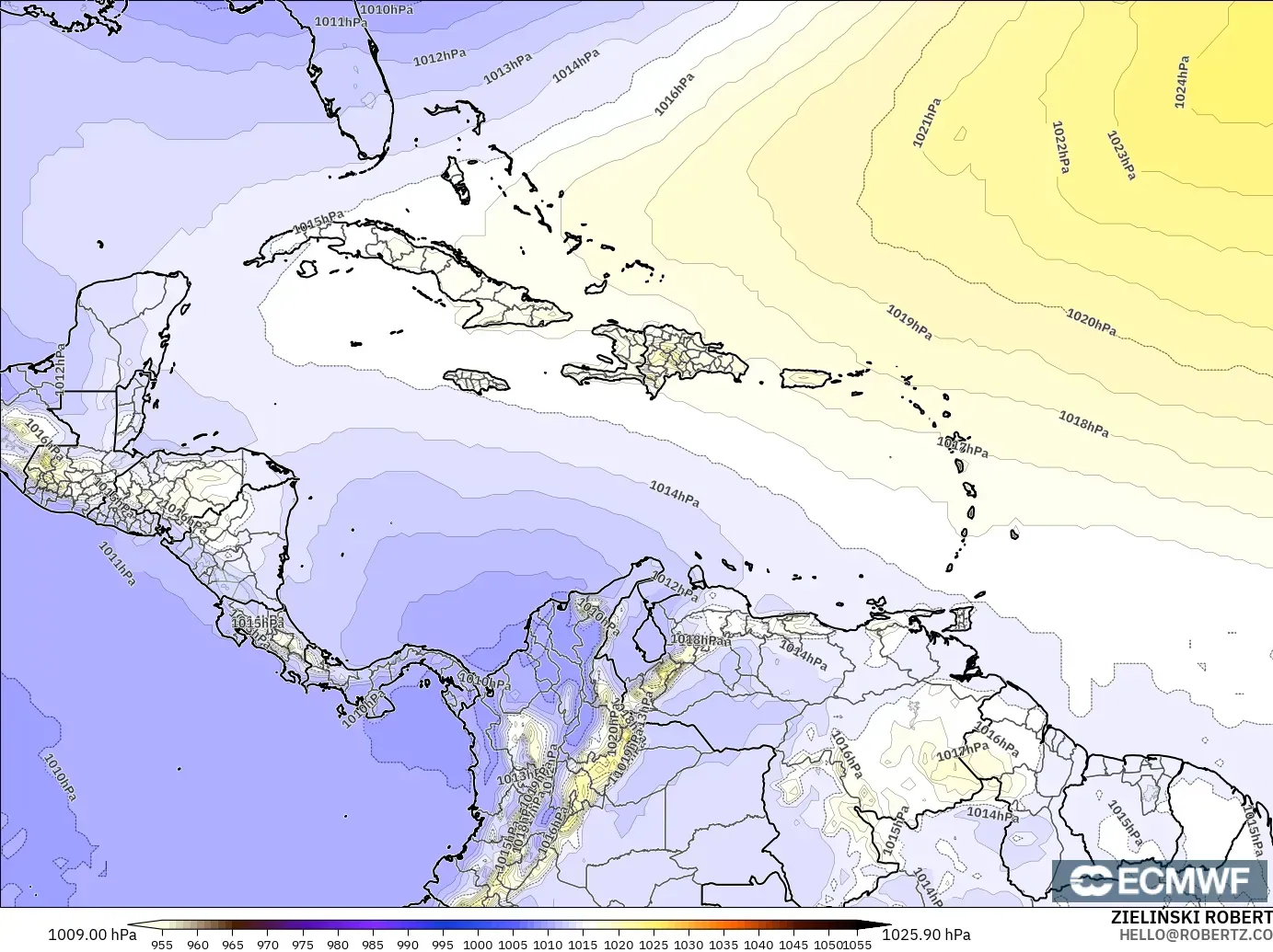 ECMWF IFS 0.25° model - Caribbean, Pressure