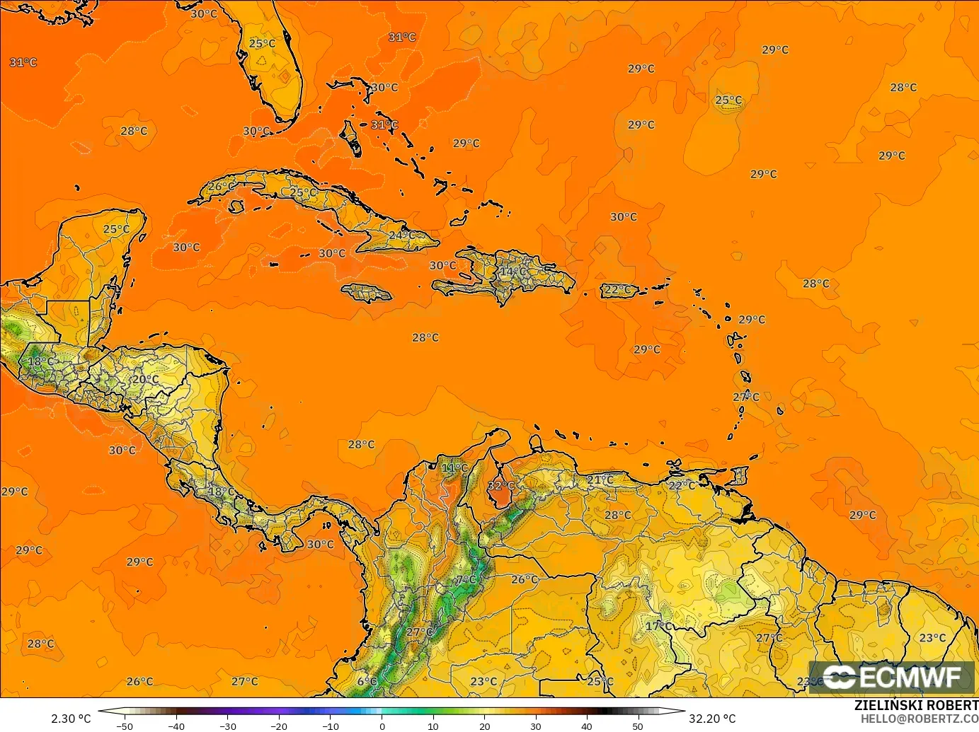 ECMWF IFS 0.25° model - Caribbean, Temperature at 2m