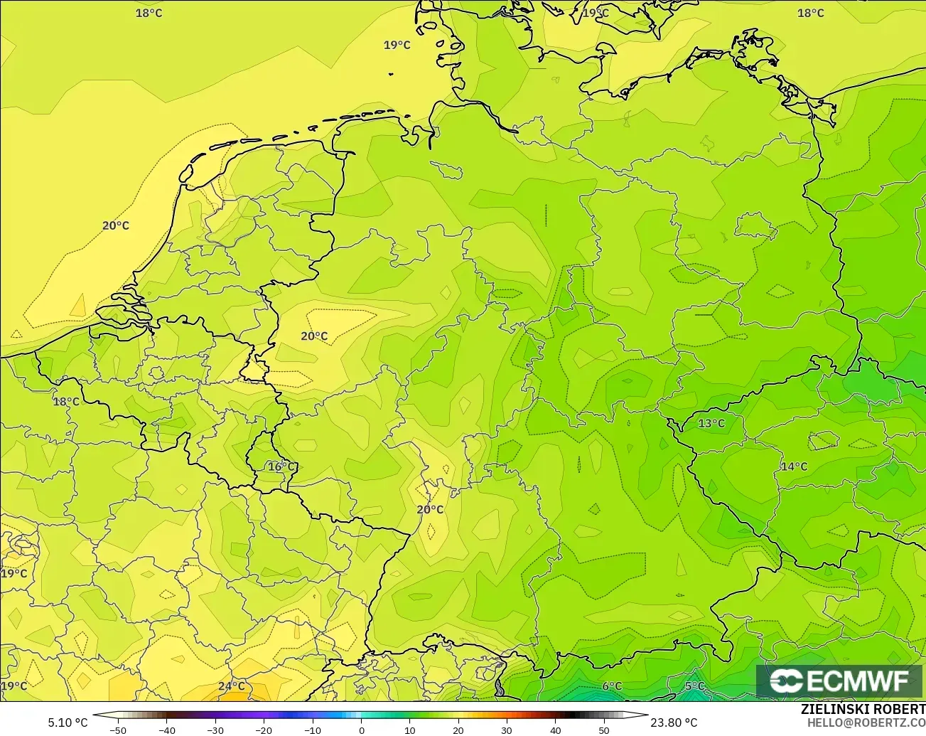 ECMWF IFS 0.25° model - Germany, Temperature at 2m