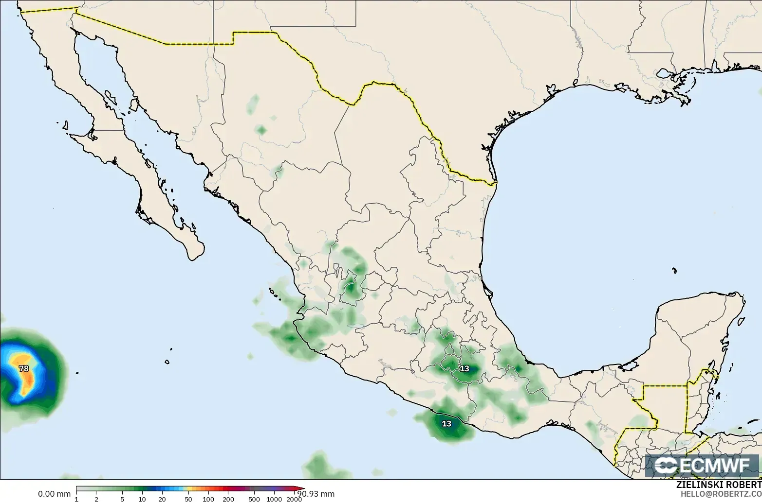 ECMWF IFS 0.25° model - Mexico, Precipitation Accumulation
