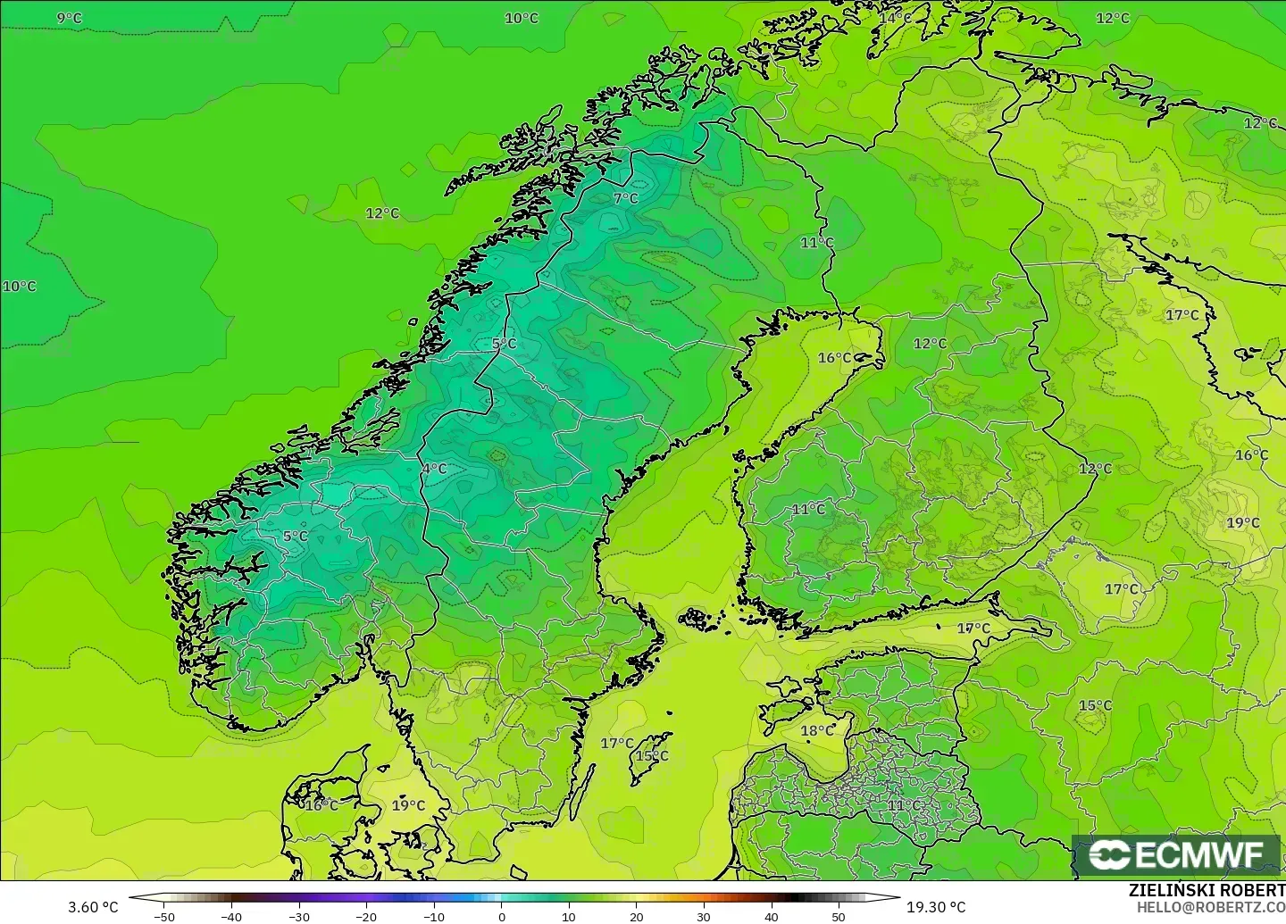 ECMWF IFS 0.25° model - Scandinavia, Temperature at 2m