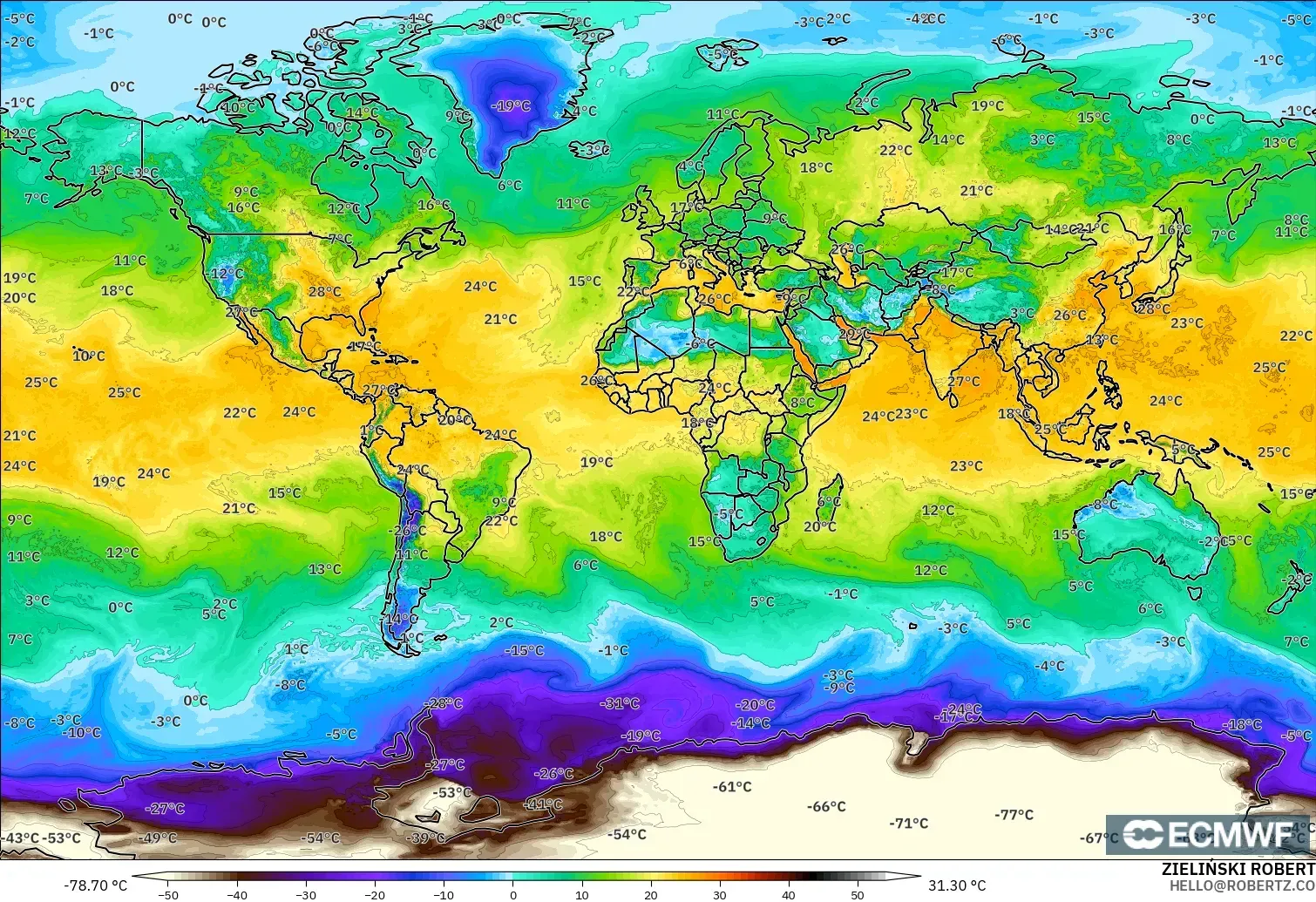 ECMWF IFS 0.25° model - World, Dewpoint at 2m