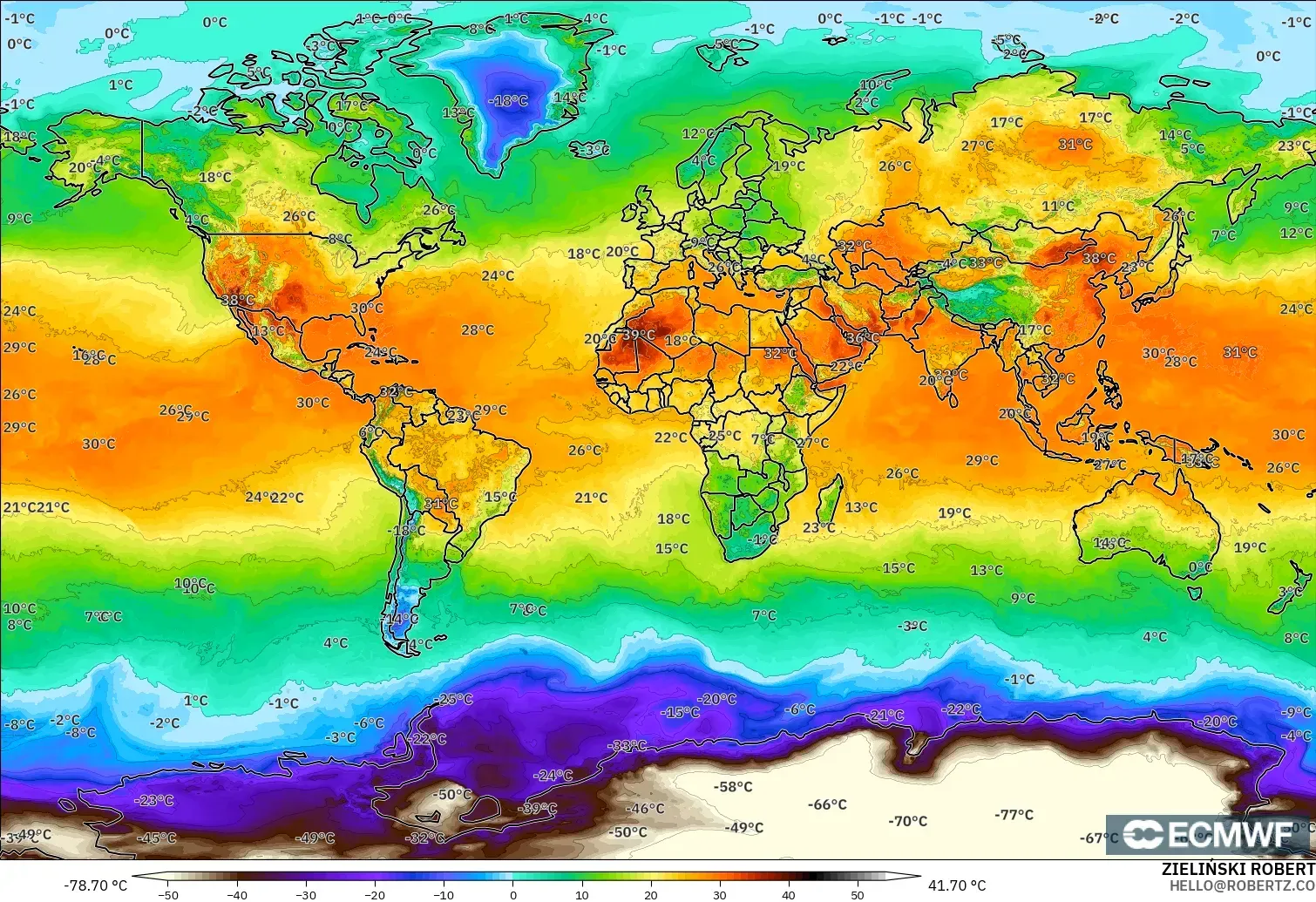 ECMWF IFS 0.25° model - World, Temperature at 2m