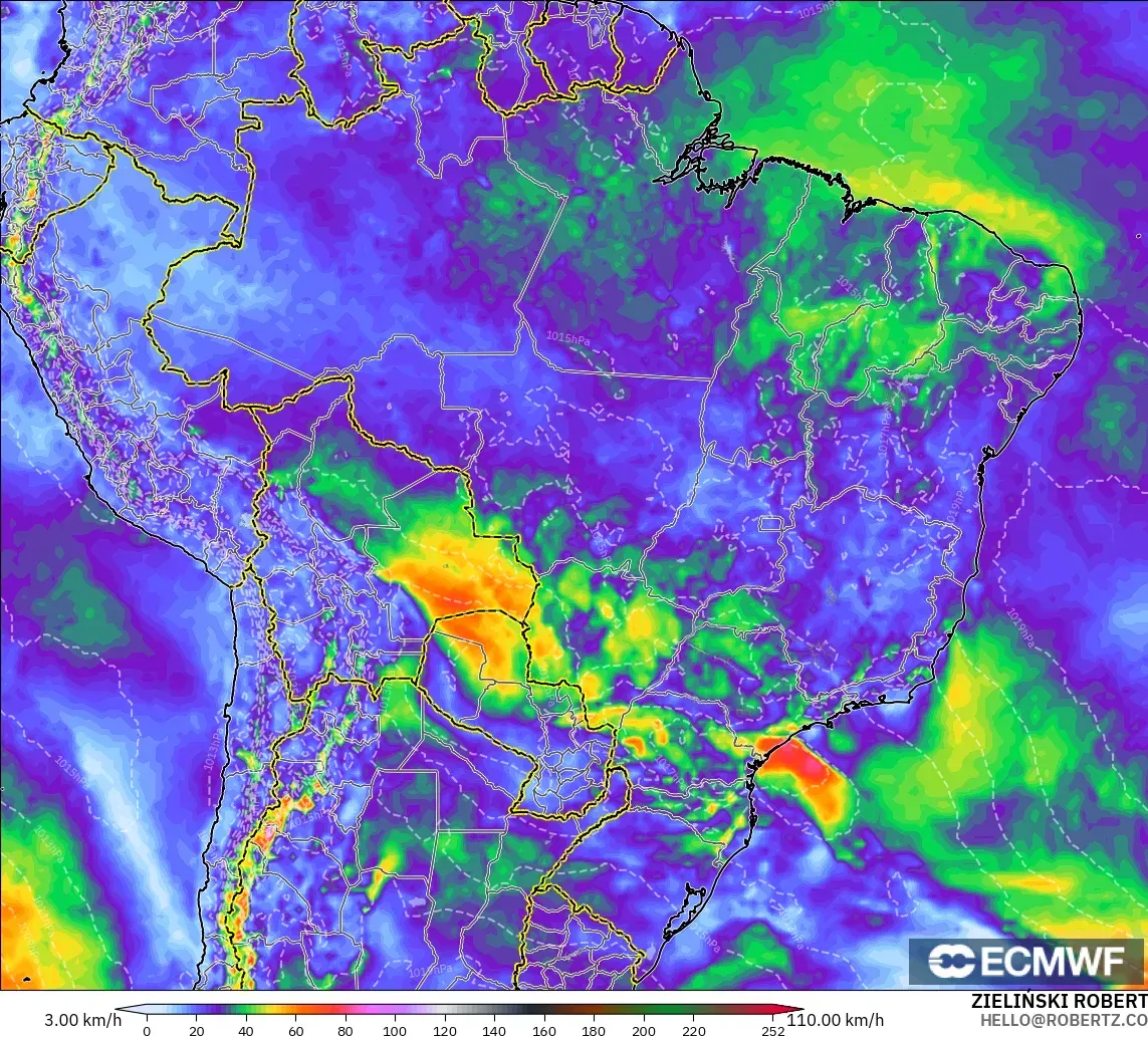 ECMWF IFS 0.25° model - Brazil, Wind Gusts Peak