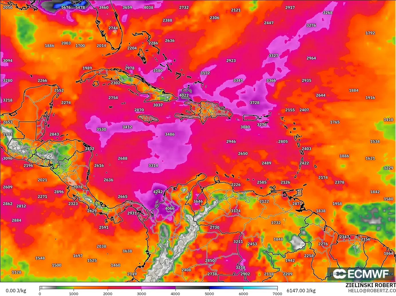ECMWF IFS 0.25° model - Caribbean, CAPE