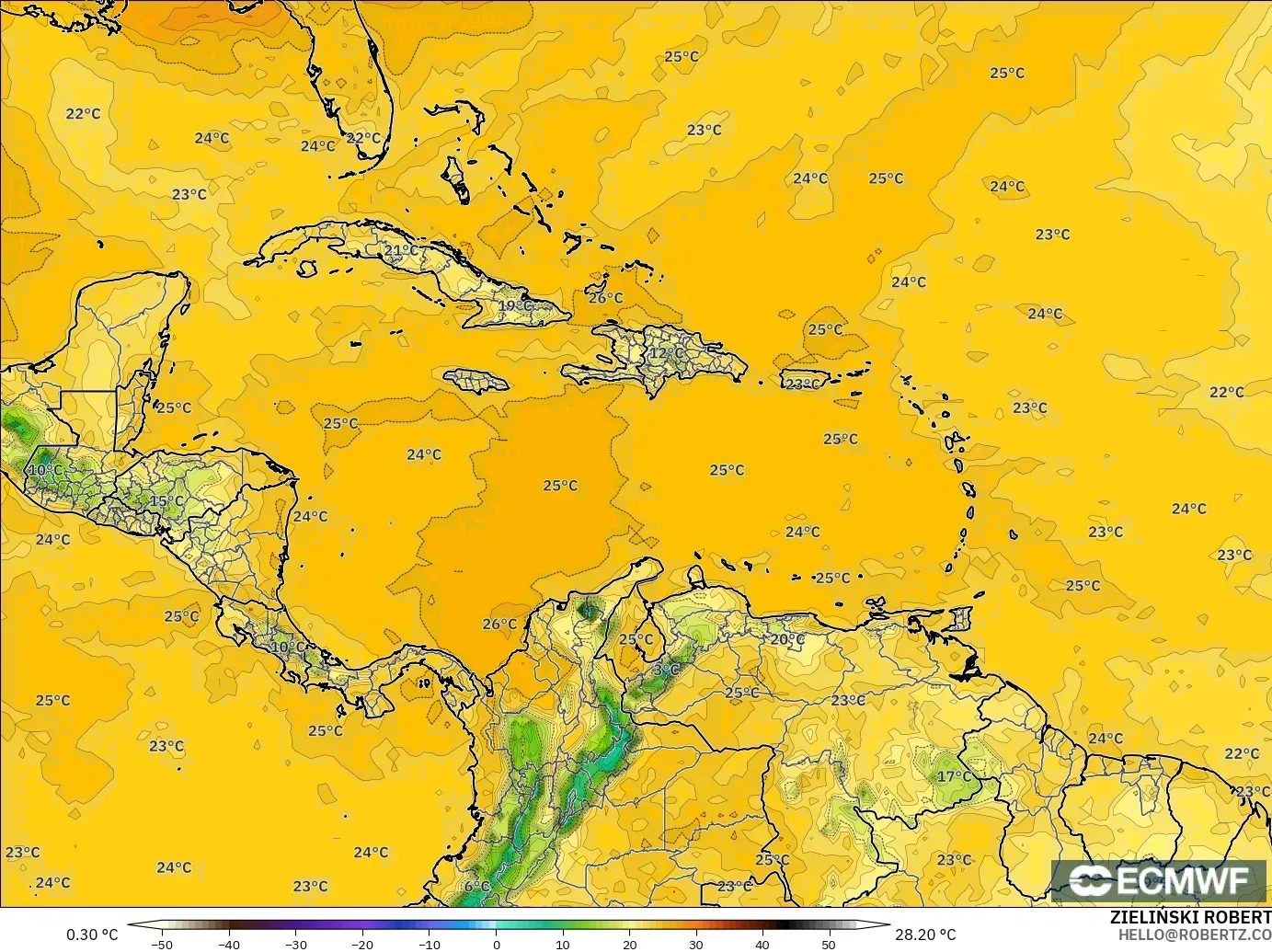 ECMWF IFS 0.25° model - Caribbean, Dewpoint at 2m
