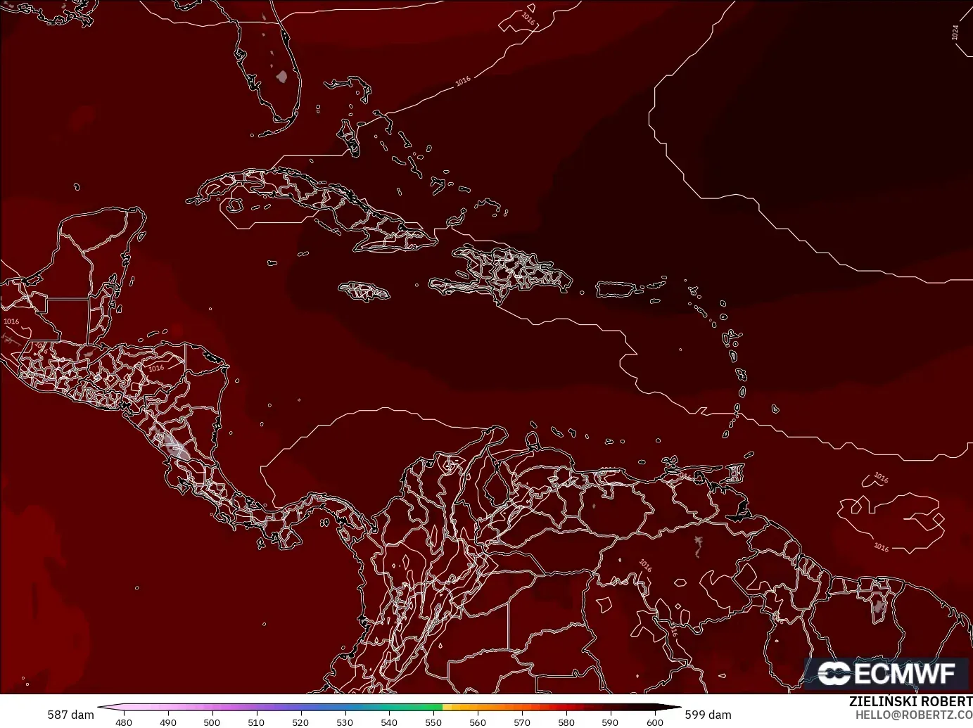 ECMWF IFS 0.25° model - Caribbean, Geopotential height at 500hPa