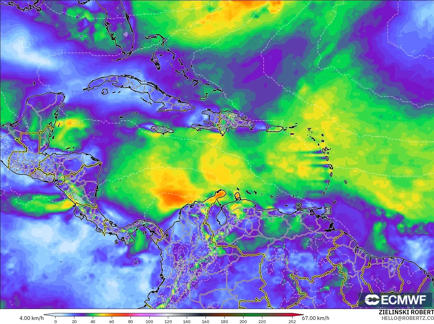 ECMWF IFS 0.25° model - Caribbean, Wind Gusts Peak