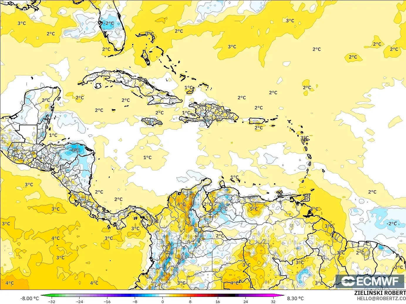 ECMWF IFS 0.25° model - Caribbean, Temperature at 2m Anomaly