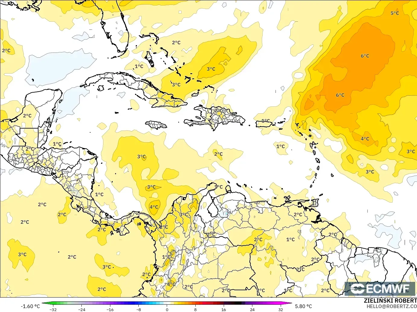 ECMWF IFS 0.25° model - Caribbean, Temperature at 850hPa Anomaly