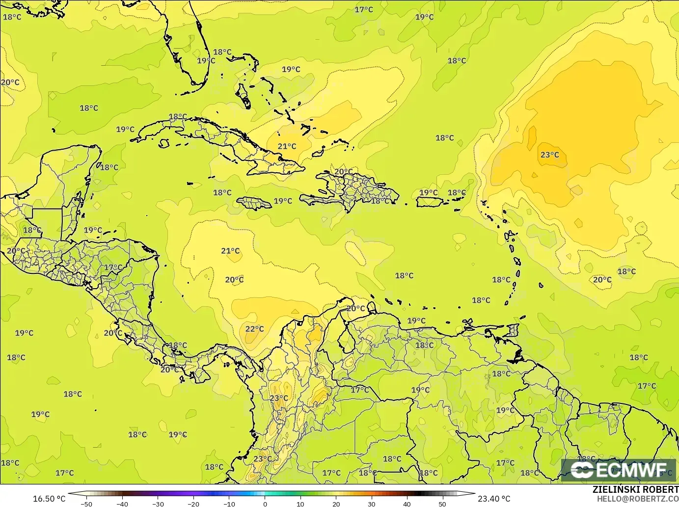 ECMWF IFS 0.25° model - Caribbean, Temperature at 850hPa