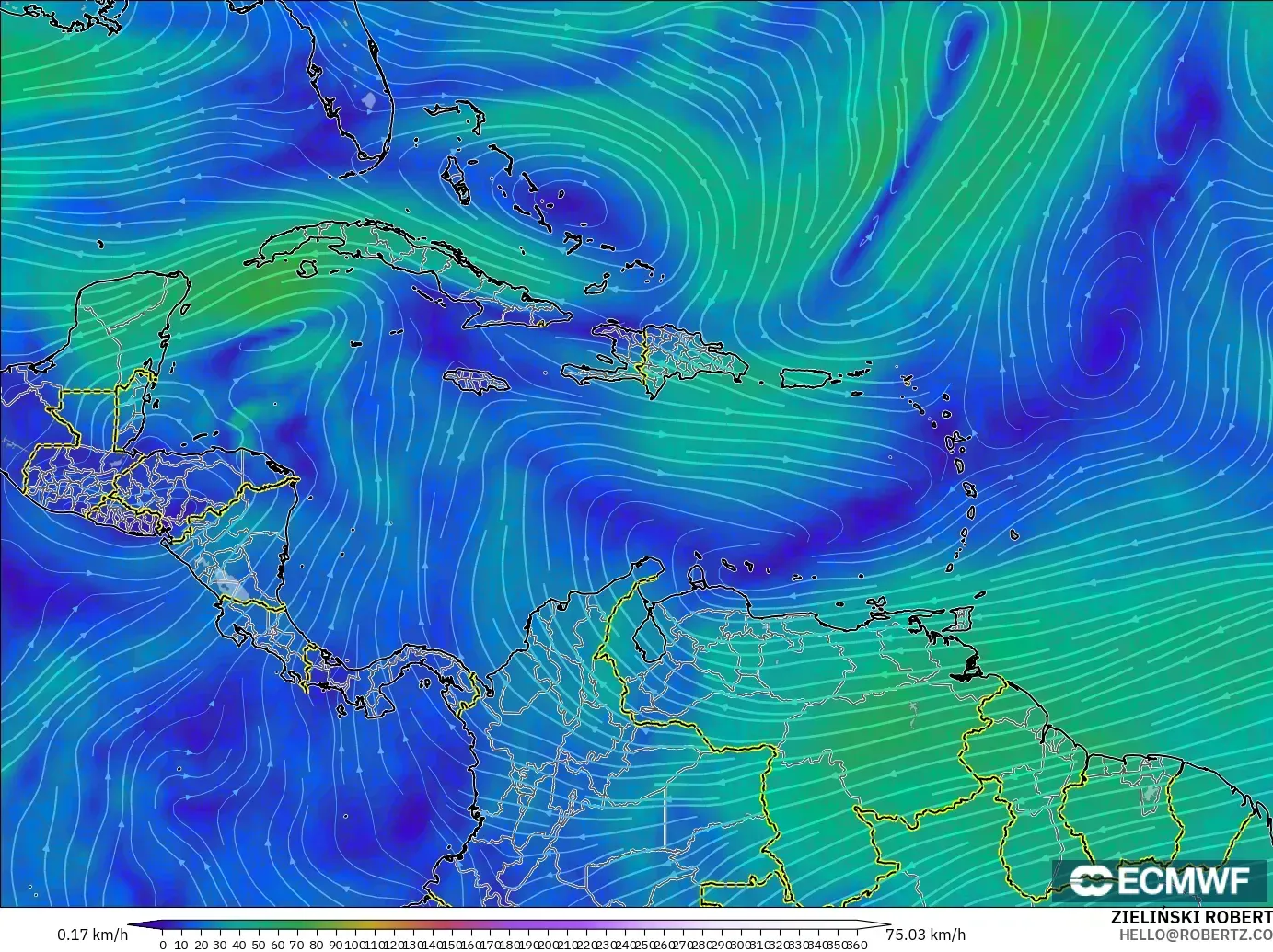 ECMWF IFS 0.25° model - Caribbean, Wind at 300hPa (jet stream)